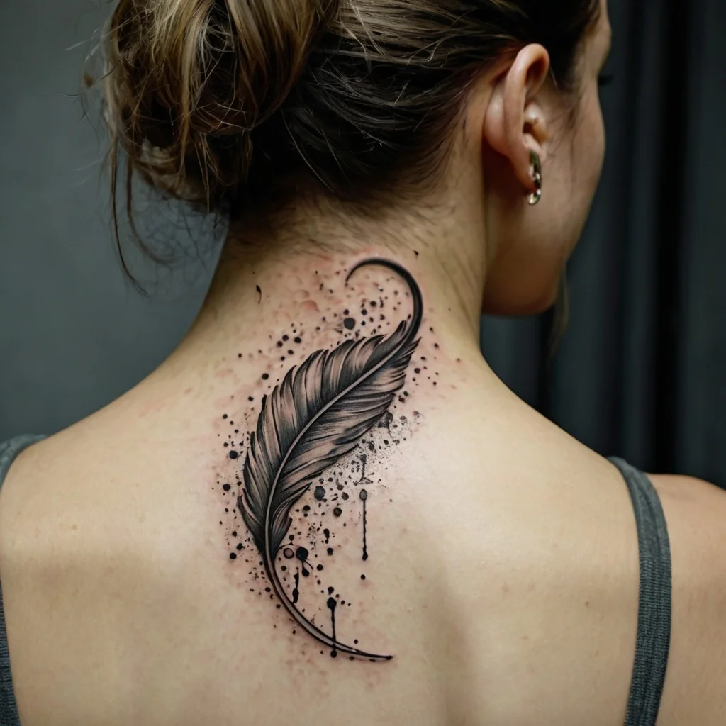 Tattoo of a detailed feather with ink splatter effect on the upper back, creating a dynamic and artistic vibe.