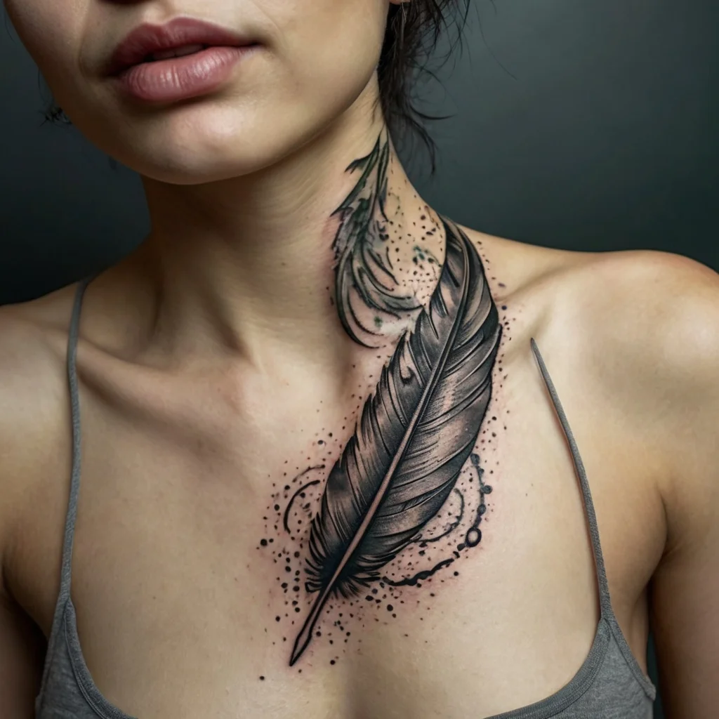 Tattoo features a realistic feather on the chest, with intricate shading and dotwork, adding texture and depth.