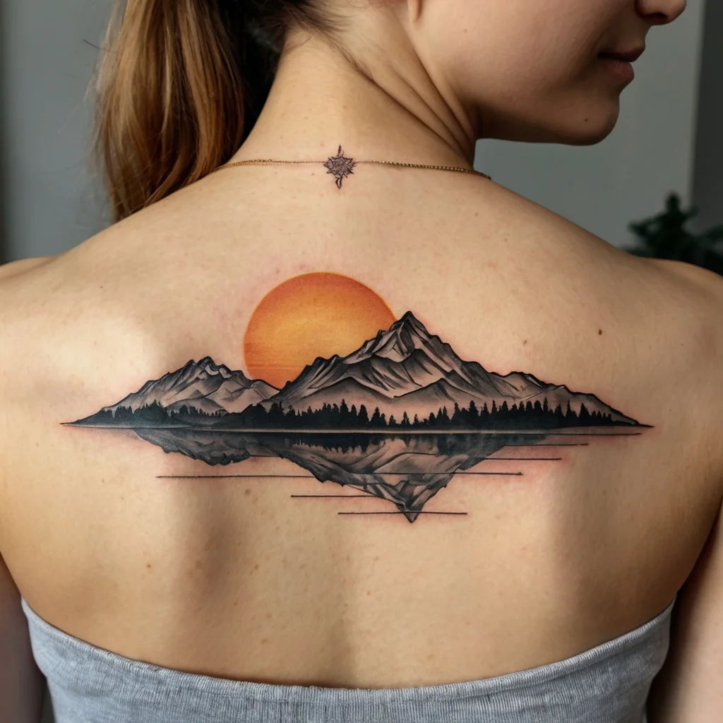 Tattoo of a mountain range with a forest silhouette, reflecting on water against a vibrant sunset on the upper back.