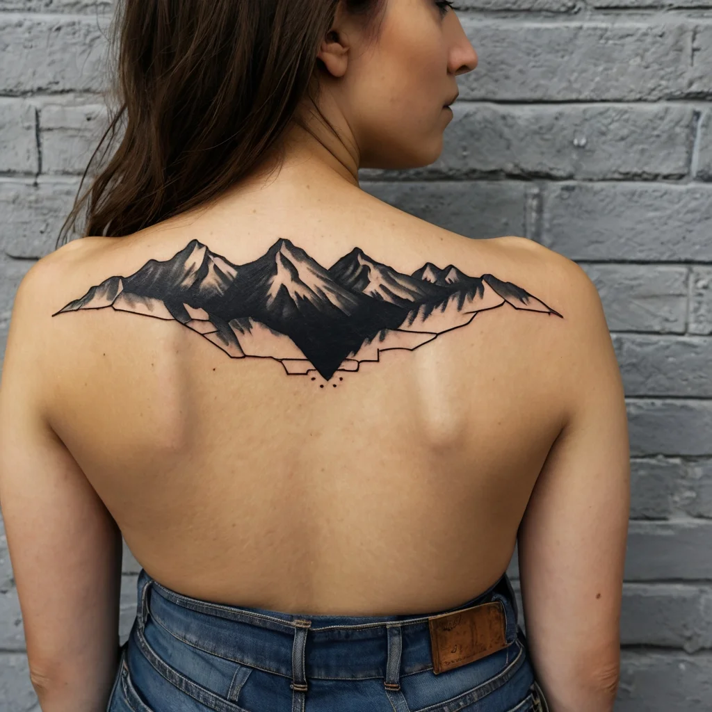 Tattoo of a mountain range across upper back, featuring bold black shading and geometric accents for contrast.