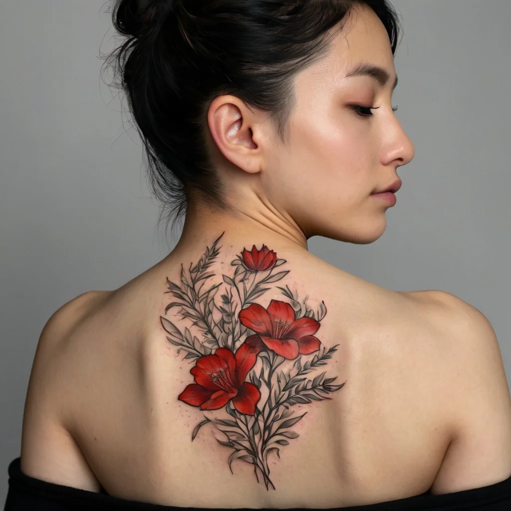 Floral tattoo on back with vibrant red poppies and detailed grey leaves, highlighting natural beauty and elegance.