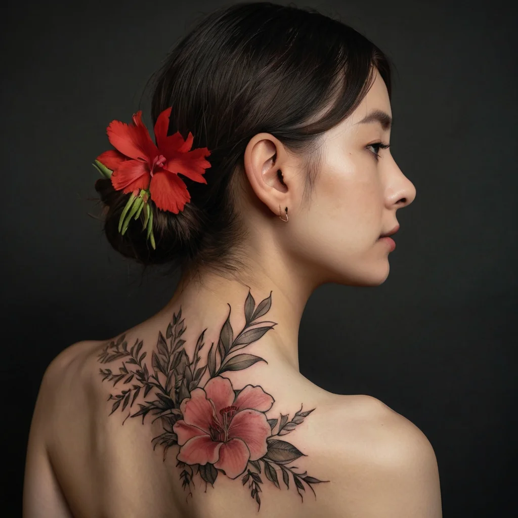 A delicate pink hibiscus tattoo on the shoulder, surrounded by intricate leaves in black and gray shading.