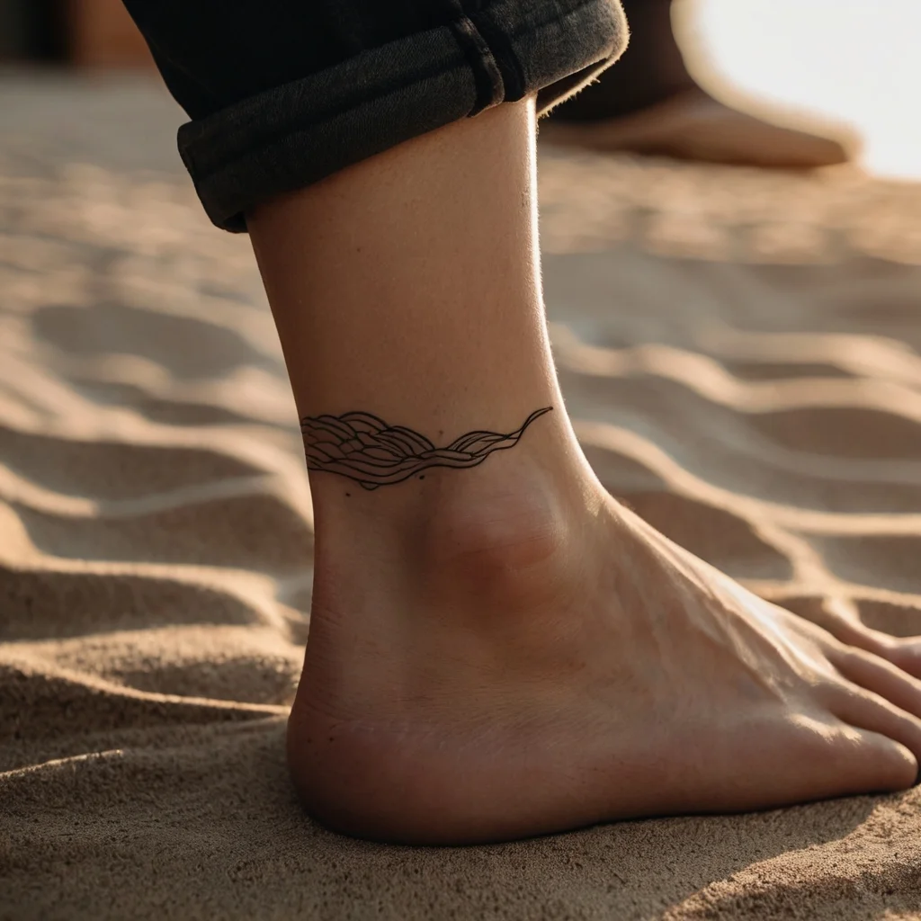 Minimalist wave tattoo on the ankle with flowing lines, symbolizing fluidity and connection to nature.