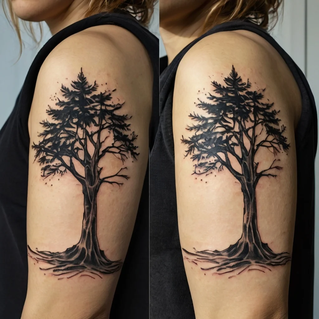 Black ink tattoo of a tall, detailed tree with bare roots, showcasing intricate branches and naturalistic shading.