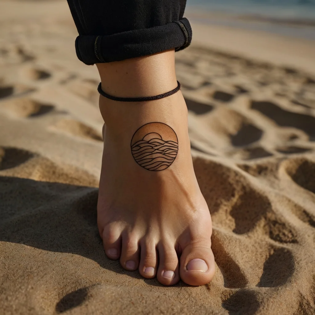 Minimalist tattoo of a sunset over waves, enclosed in a circle on an ankle, symbolizing serenity and nature.