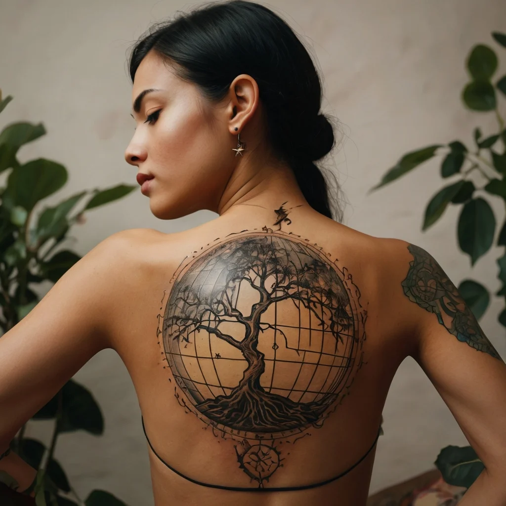 A tree of life tattoo in a globe design on the back, symbolizing interconnectedness and growth, with intricate detailing.