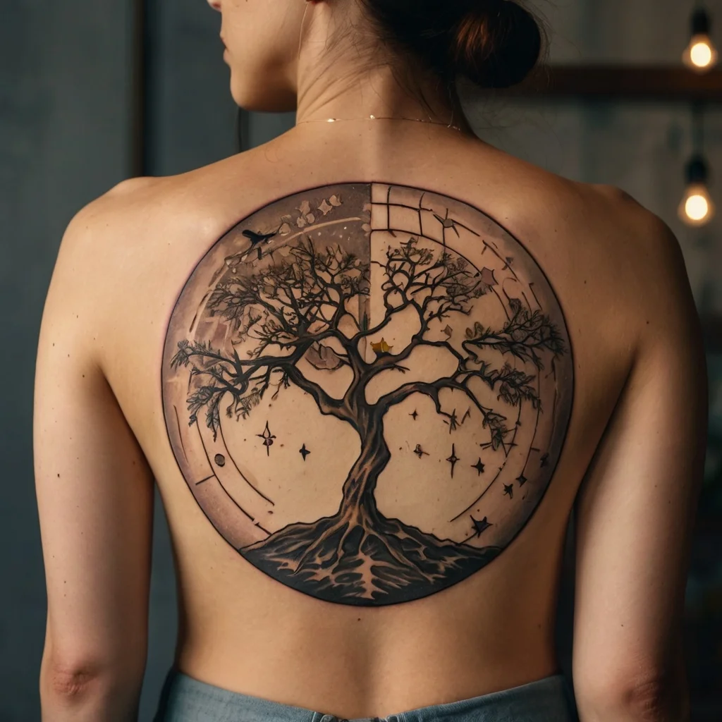 Tattoo of an intricate tree within a circular design, blending day and night elements, adorned with celestial symbols.