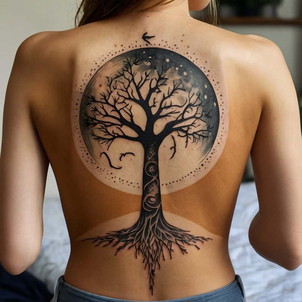 Tree of life tattoo with roots and branches, encompassed by a cosmic circle, symbolizing balance and interconnectedness.