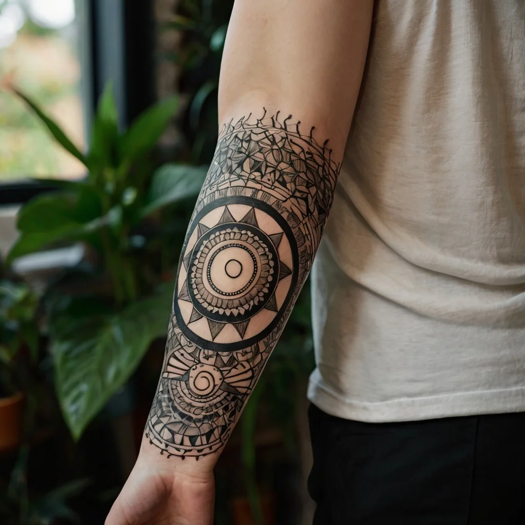 Geometric mandala tattoo on forearm featuring intricate patterns and concentric circles, surrounded by detailed linework.