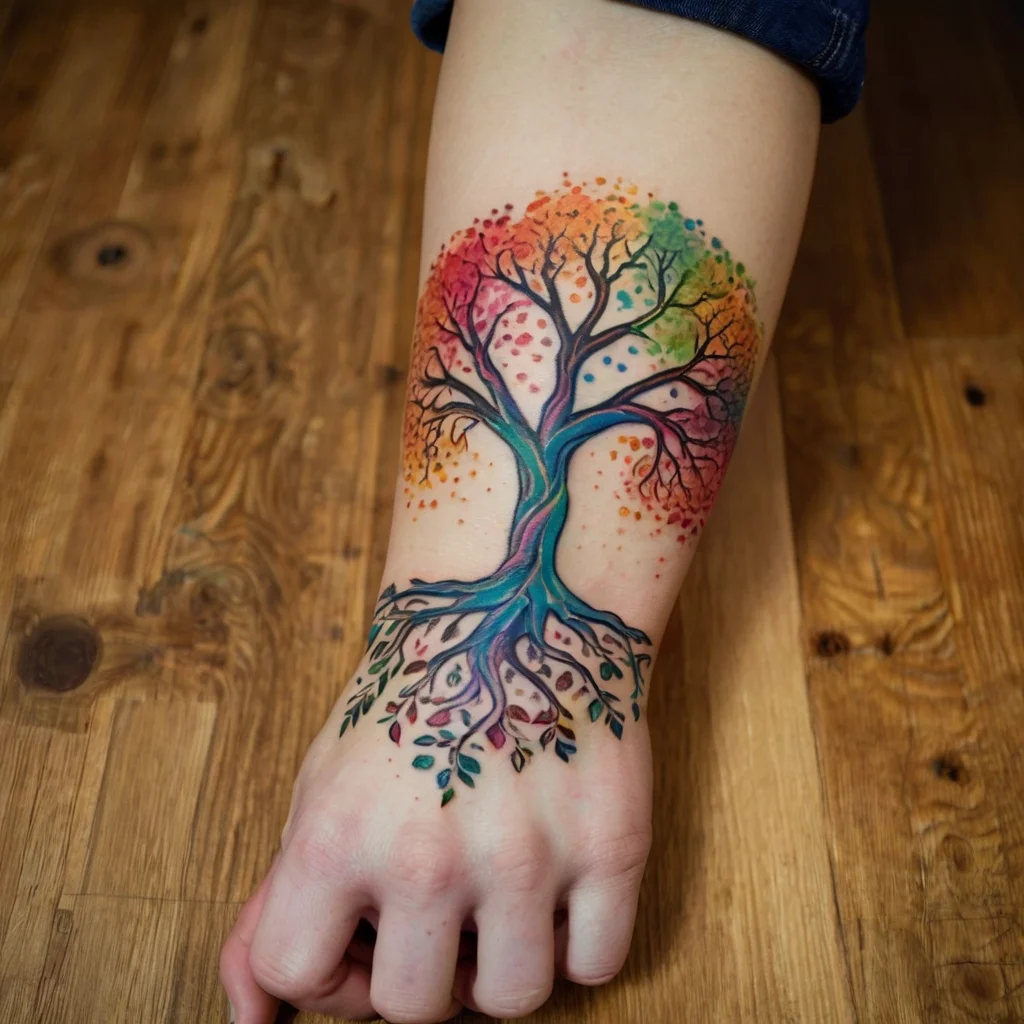 Colorful tree tattoo with swirling branches and roots, vibrant rainbow canopy, symbolizing life and growth on forearm.