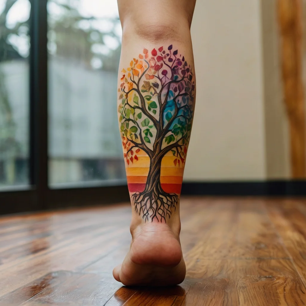 Colorful tree tattoo on calf with rainbow leaves and roots, set against a vibrant sunset backdrop.