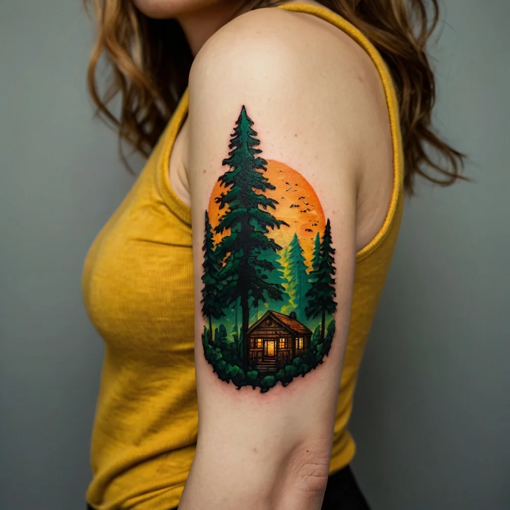 Tattoo of a cabin amidst tall pine trees against an orange sunset, creating a serene, natural landscape on the upper arm.