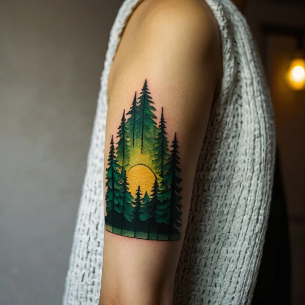 Tattoo of a forest silhouette with tall pine trees against a vibrant orange sunset sky on the upper arm.