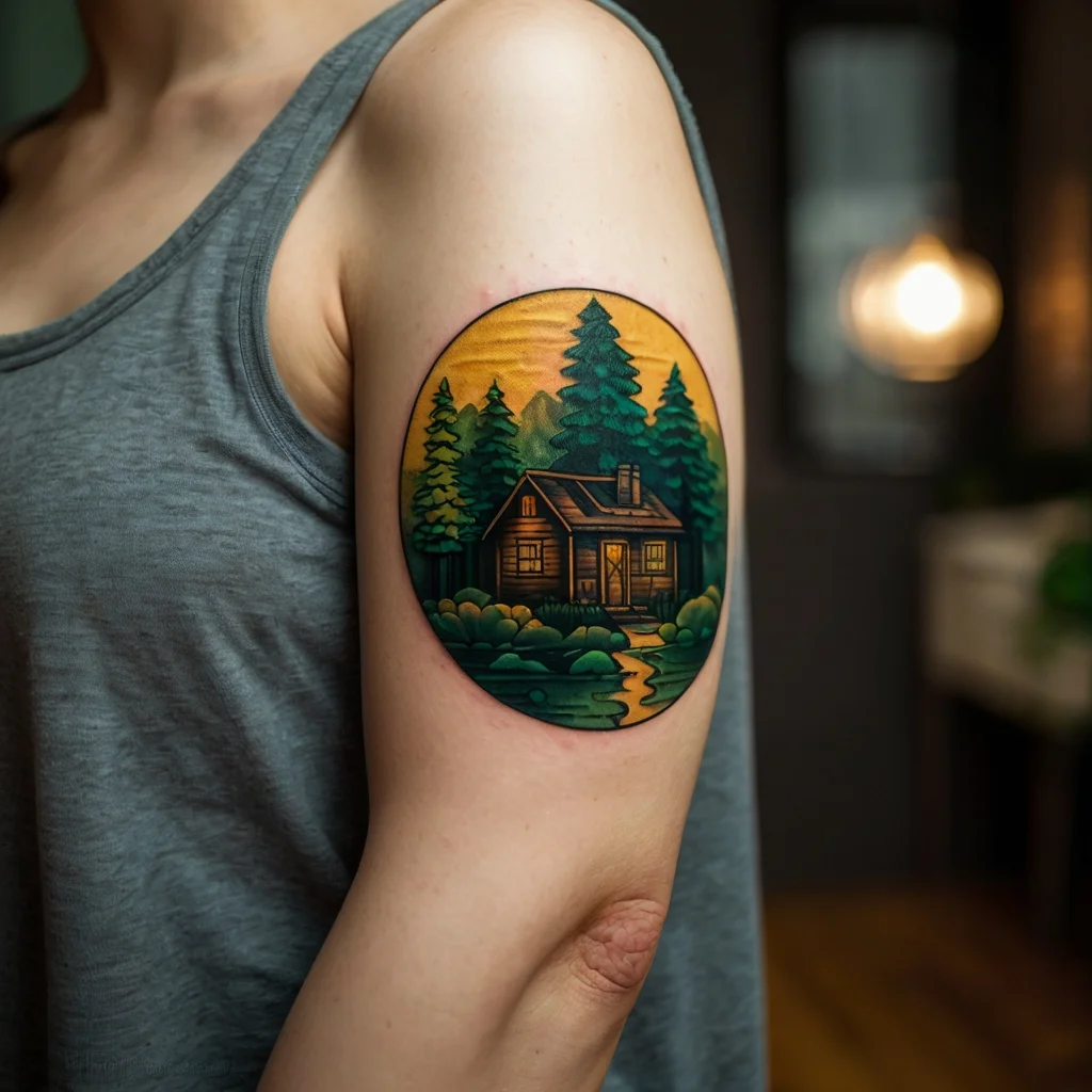 Round tattoo of a cozy cabin in a forest, surrounded by trees, under a warm, golden sky on the upper arm.