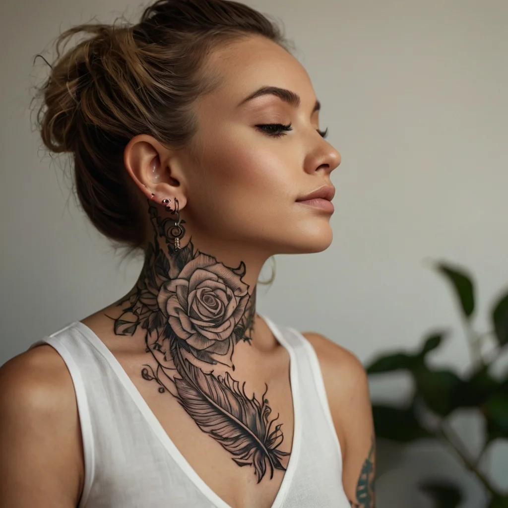 Neck tattoo of a detailed rose and feather, symbolizing beauty and freedom, flowing seamlessly to the chest.