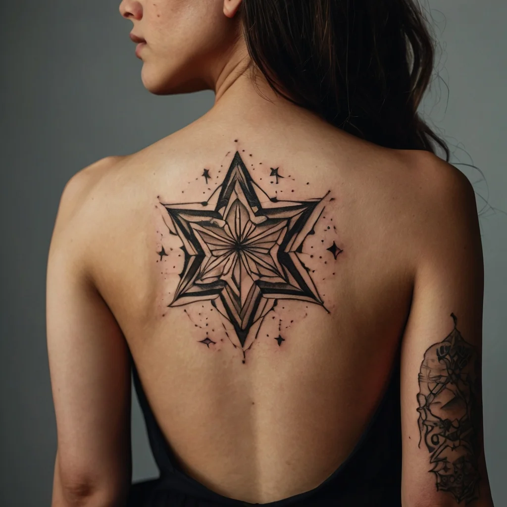 Geometric star tattoo with intricate linework and dot details, centered on the upper back, radiating elegance.