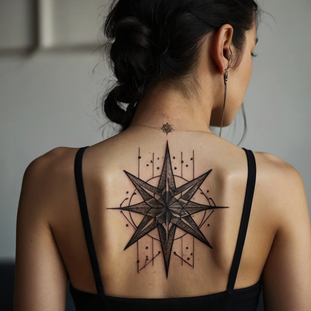 Intricate geometric compass tattoo with a central star, detailed shading, and abstract lines on the upper back.