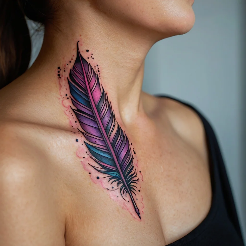 Vibrant purple and blue feather tattoo on collarbone, with watercolor effect and delicate black dot accents.