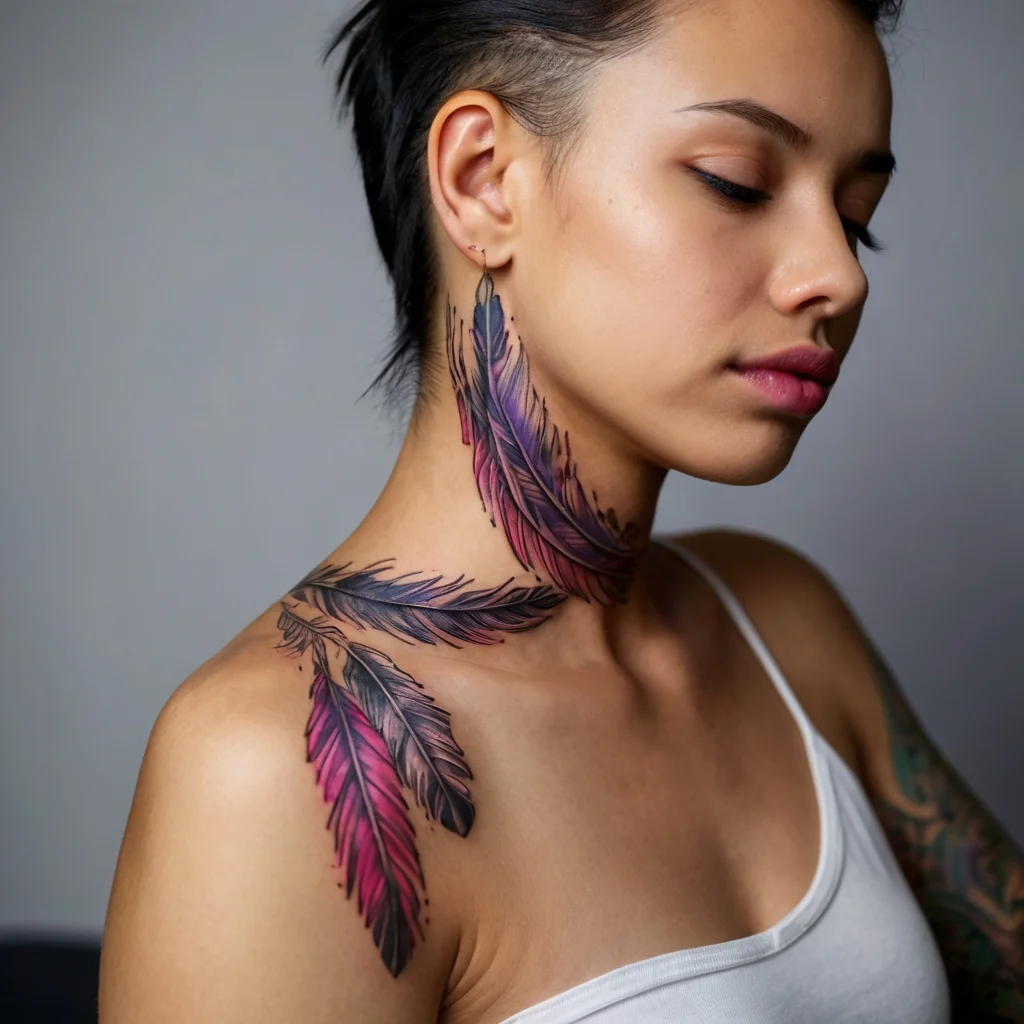 Elegant black and pink feather tattoo wraps around neck and shoulder, highlighting fluidity and grace with vibrant detail.