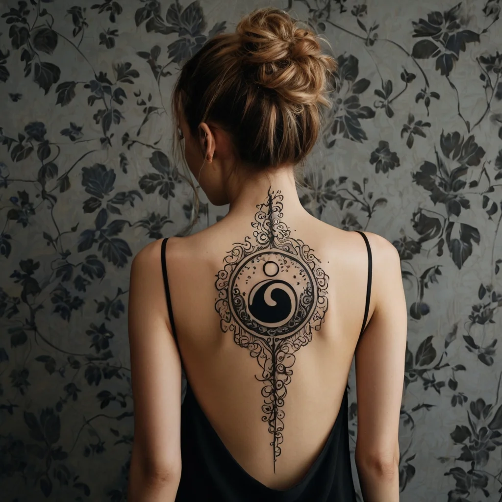 Elegant tattoo design on a woman's spine featuring a large central Yin-Yang symbol, surrounded by intricate floral patterns.