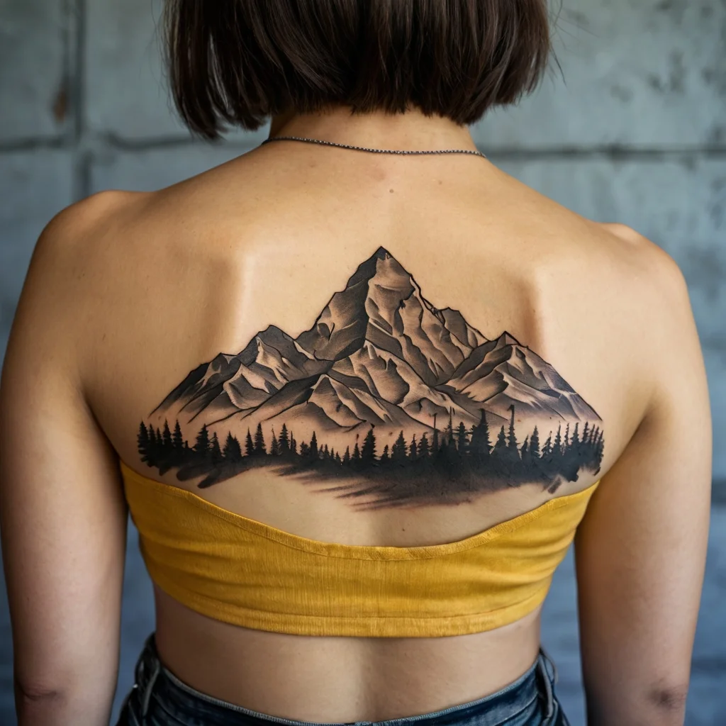 Tattoo of a mountain range with detailed shading and a forest silhouette, elegantly spanning the upper back.