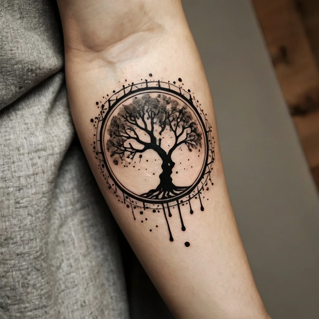 Tattoo of a tree with bare branches inside a detailed circular frame, featuring black splatter effects and geometric elements.