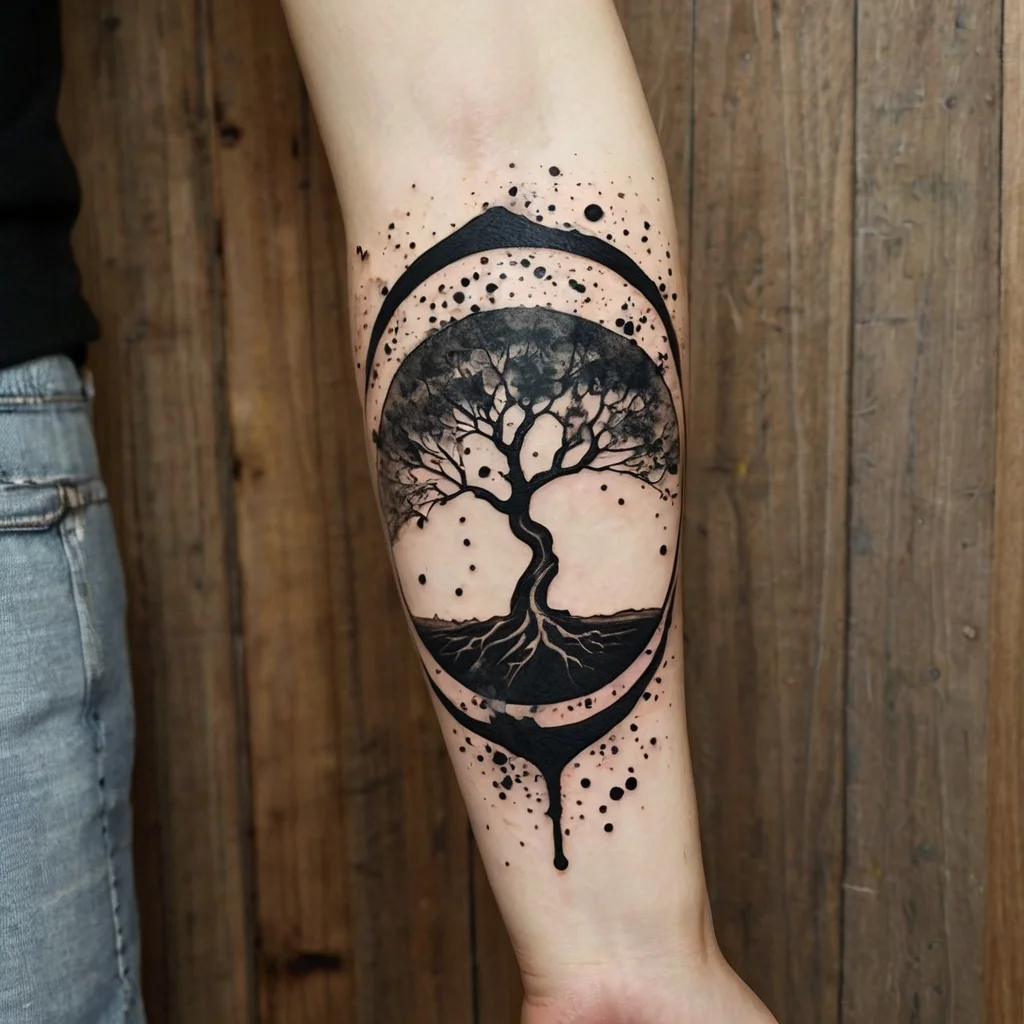 Tattoo of a tree with roots and branches, encircled by abstract shapes and dots, symbolizing growth and connection.