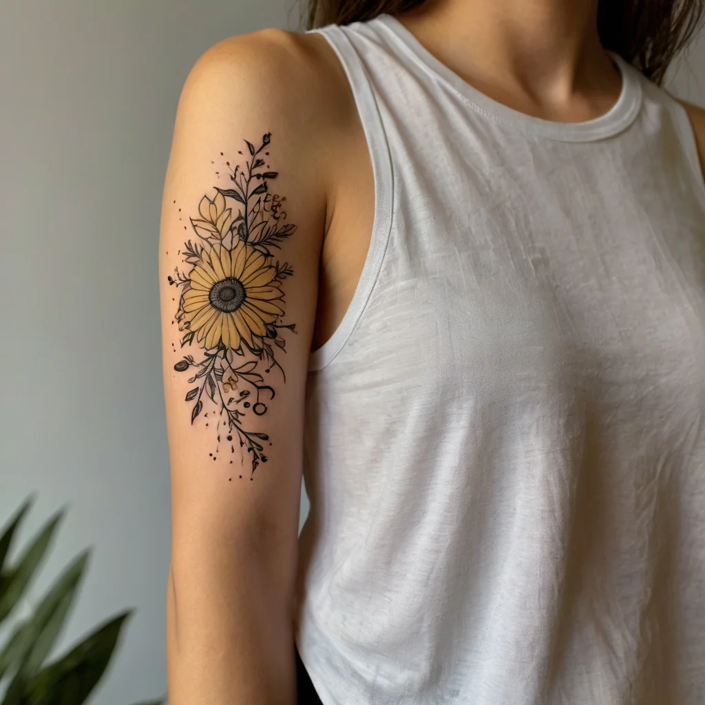 A detailed tattoo of a yellow sunflower with intricate black line leaves and branches, elegantly wrapped around the upper arm.