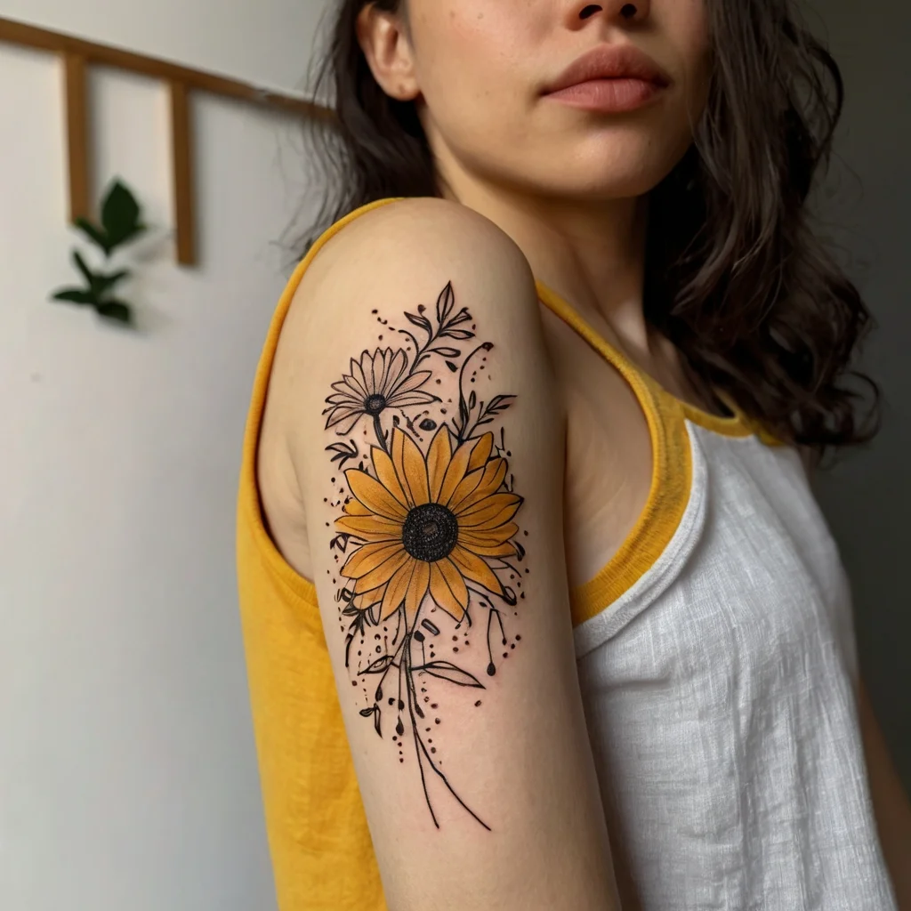 Floral tattoo featuring a vibrant yellow sunflower and delicate leaves on the upper arm, accented with fine black dots.