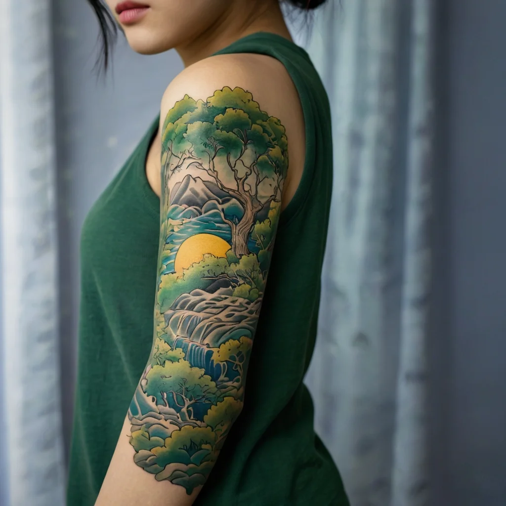 A vibrant arm tattoo with a serene landscape, featuring a tree, sun, mountains, and waterfall in blues and greens.