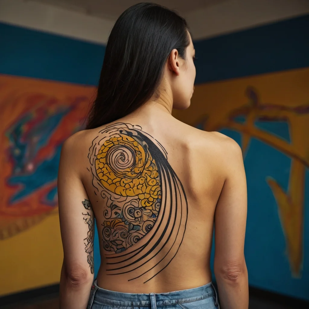 Tattoo with a swirling yin-yang design, intricate spiral patterns, and flowing lines across the back.