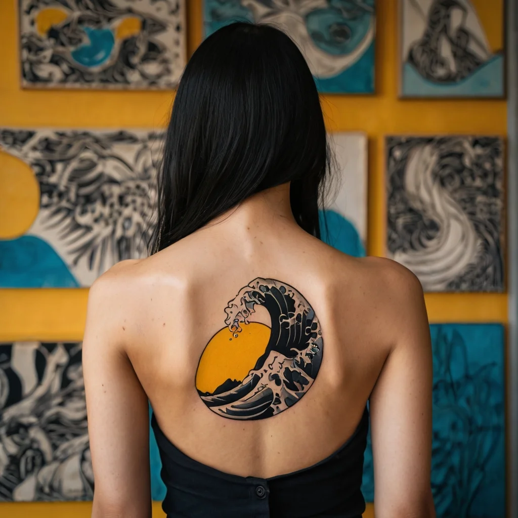 Tattoo design of a stylized wave in black and white, circling a bright yellow sun on the upper back.