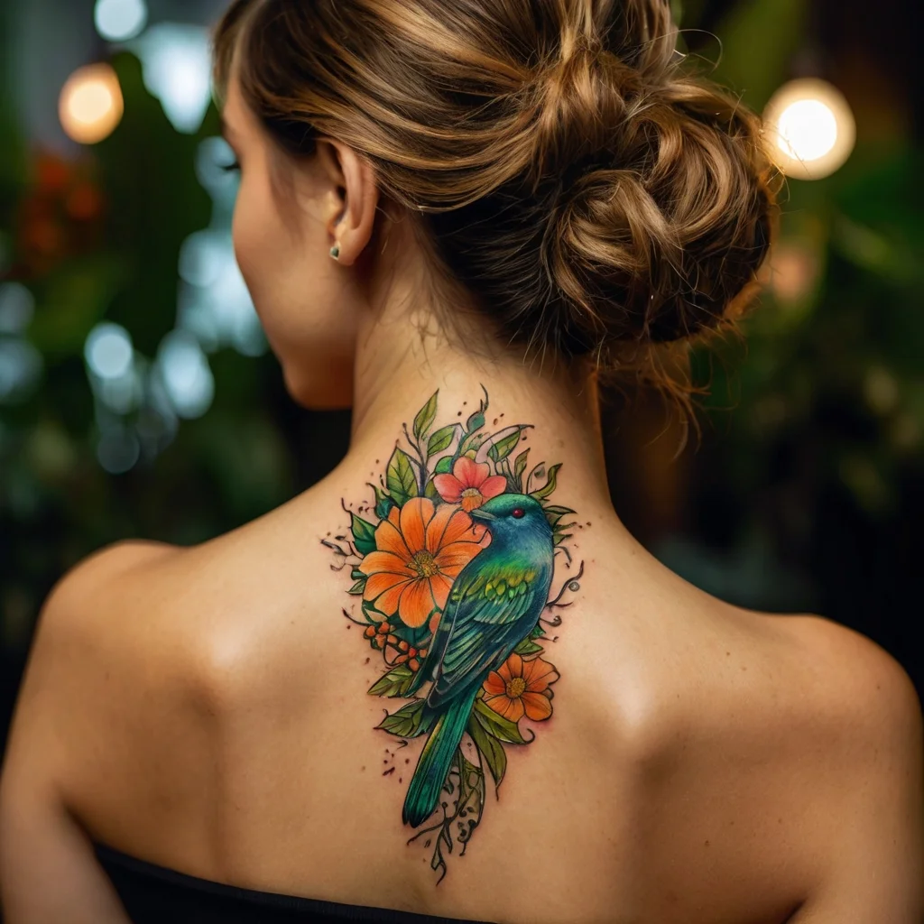 A vibrant tattoo of a blue bird perched amid orange flowers and green leaves, accented with watercolor effects on the back.