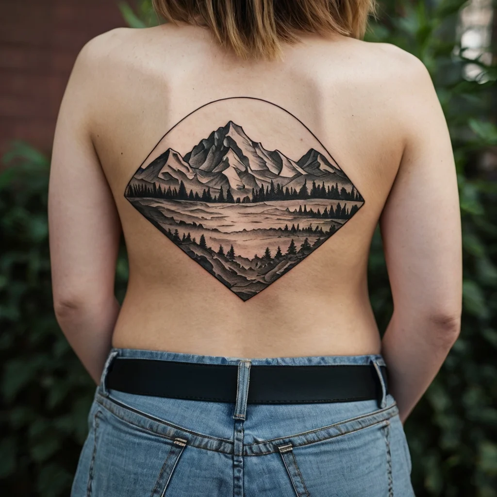 Geometric tattoo of a mountainous landscape with trees in a diamond shape, detailed in black and gray on the back.