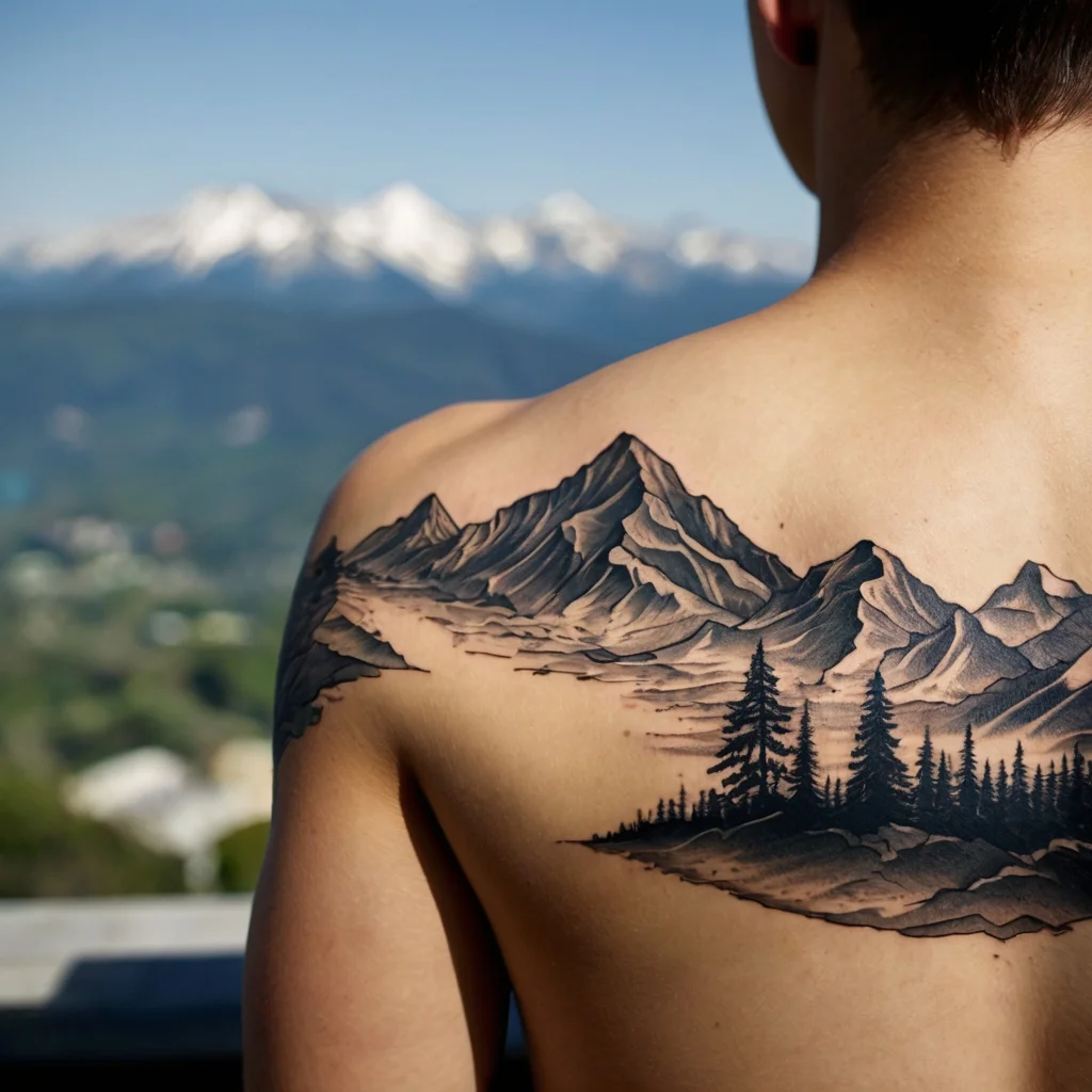 Tattoo design of detailed mountain range with pine trees on the upper back, creating a serene landscape scene.