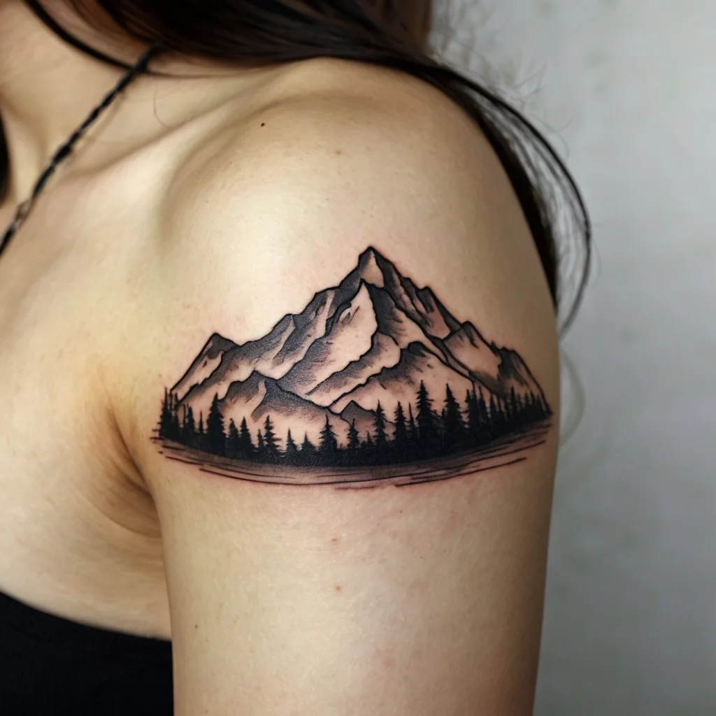 Mountain tattoo on shoulder, featuring detailed peaks and a line of pine trees beneath, in black and gray shading.