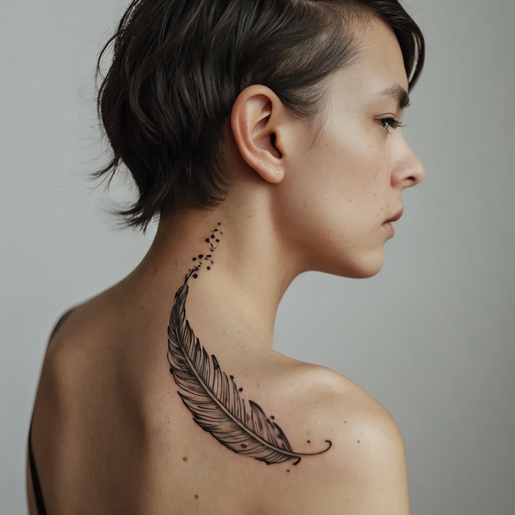 Tattoo of a detailed feather on the back, with small ink dots elegantly trailing up the neck, symbolizing freedom.