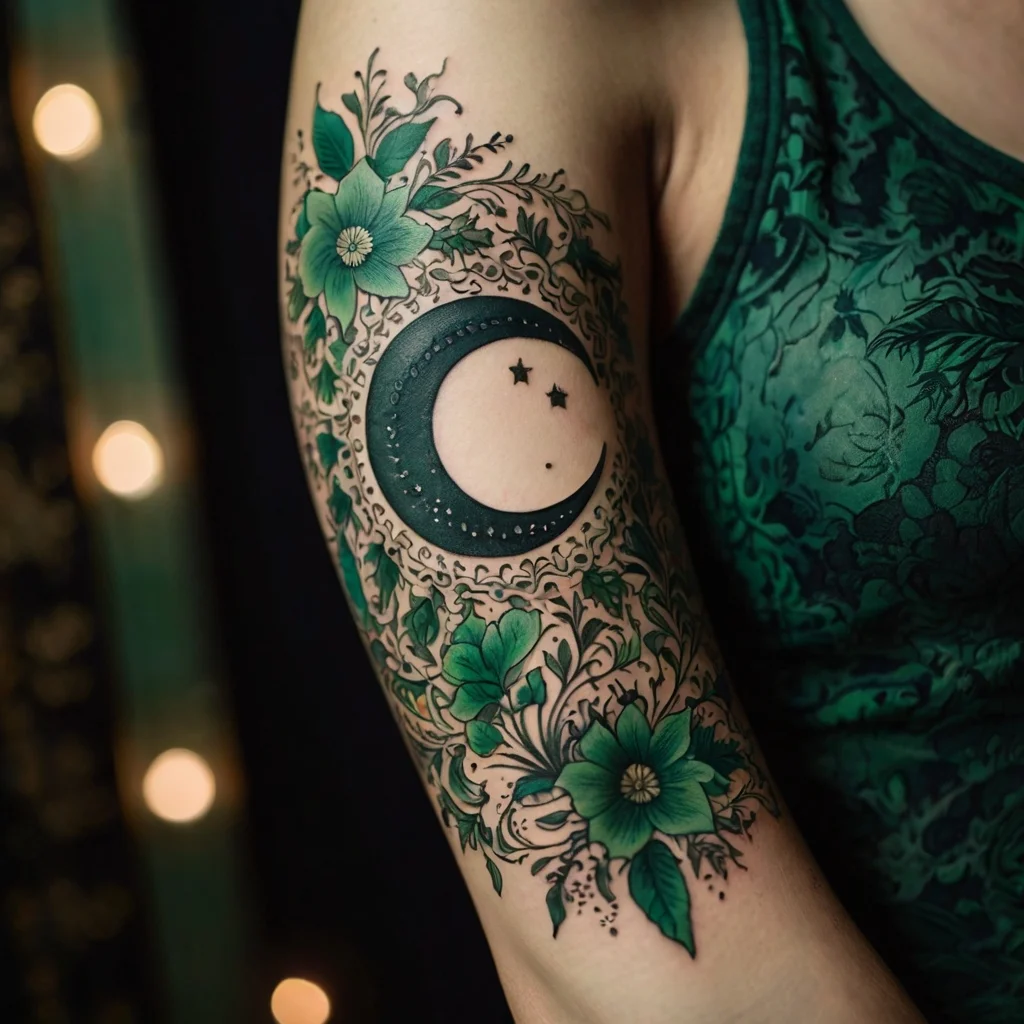 Floral crescent moon tattoo with green flowers and leaves intricately designed around a dark moon and stars on the arm.