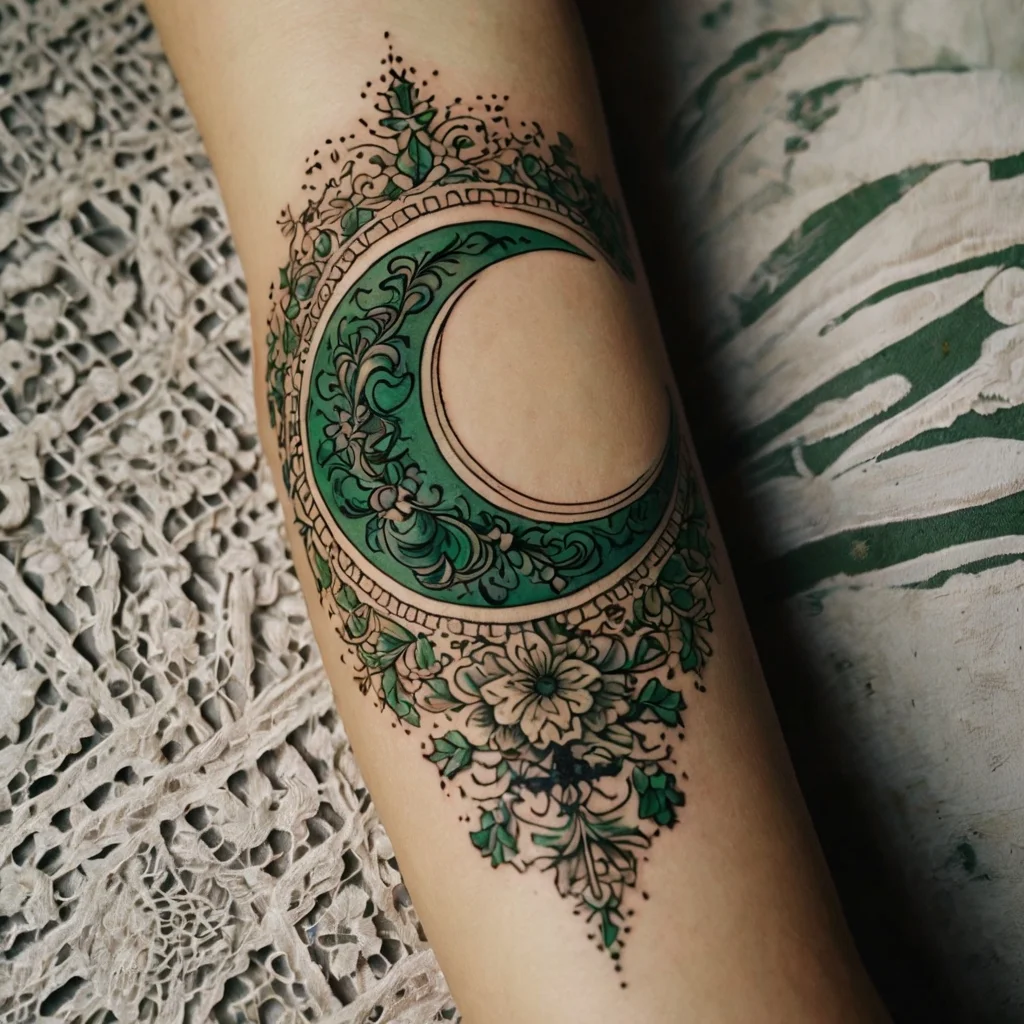 Intricate green crescent moon tattoo with floral patterns and delicate dot work, creating an elegant and mystical vibe.