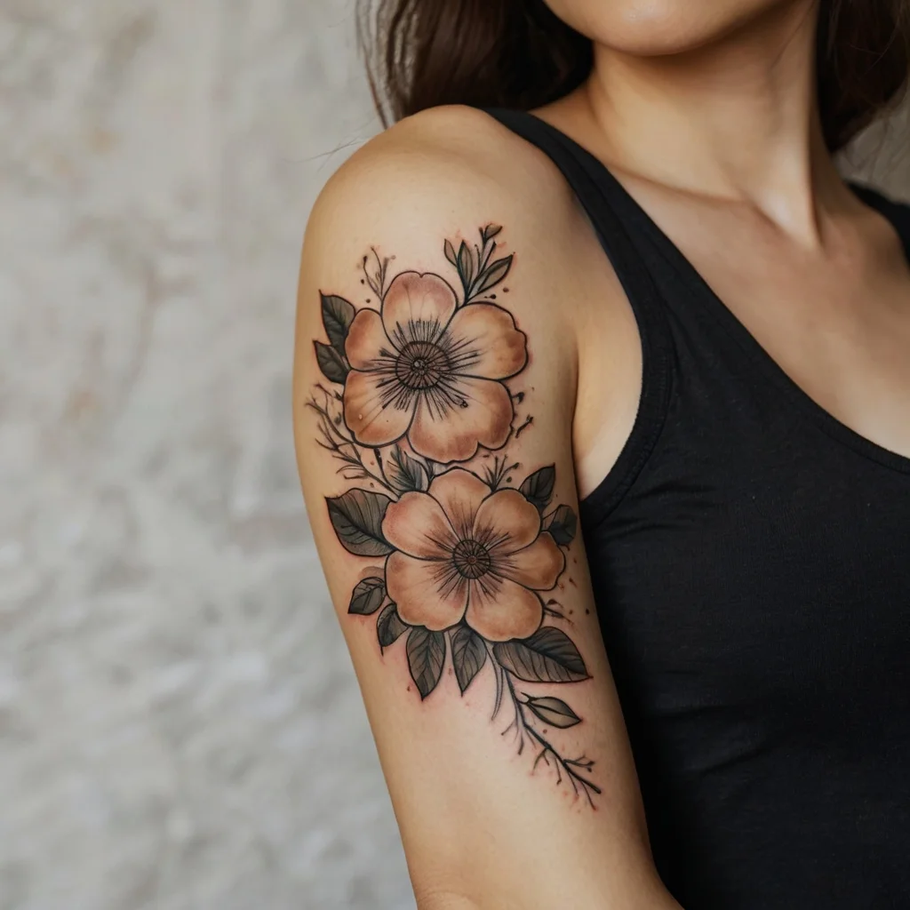 Ornate floral tattoo on upper arm with two large flowers in earthy tones, surrounded by delicate leaves and branches.