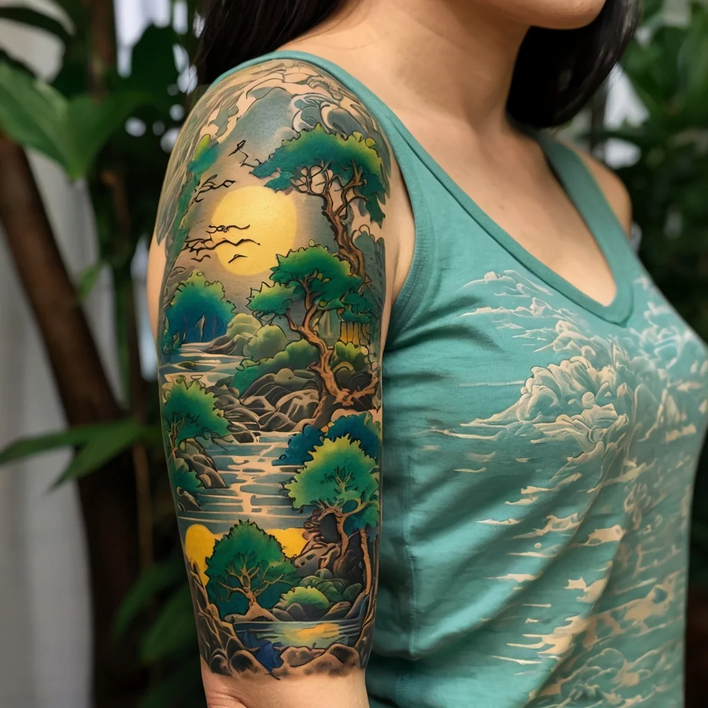 Tattoo of a vibrant landscape with a setting sun, lush trees, and flowing river, blending natural serenity on the arm.