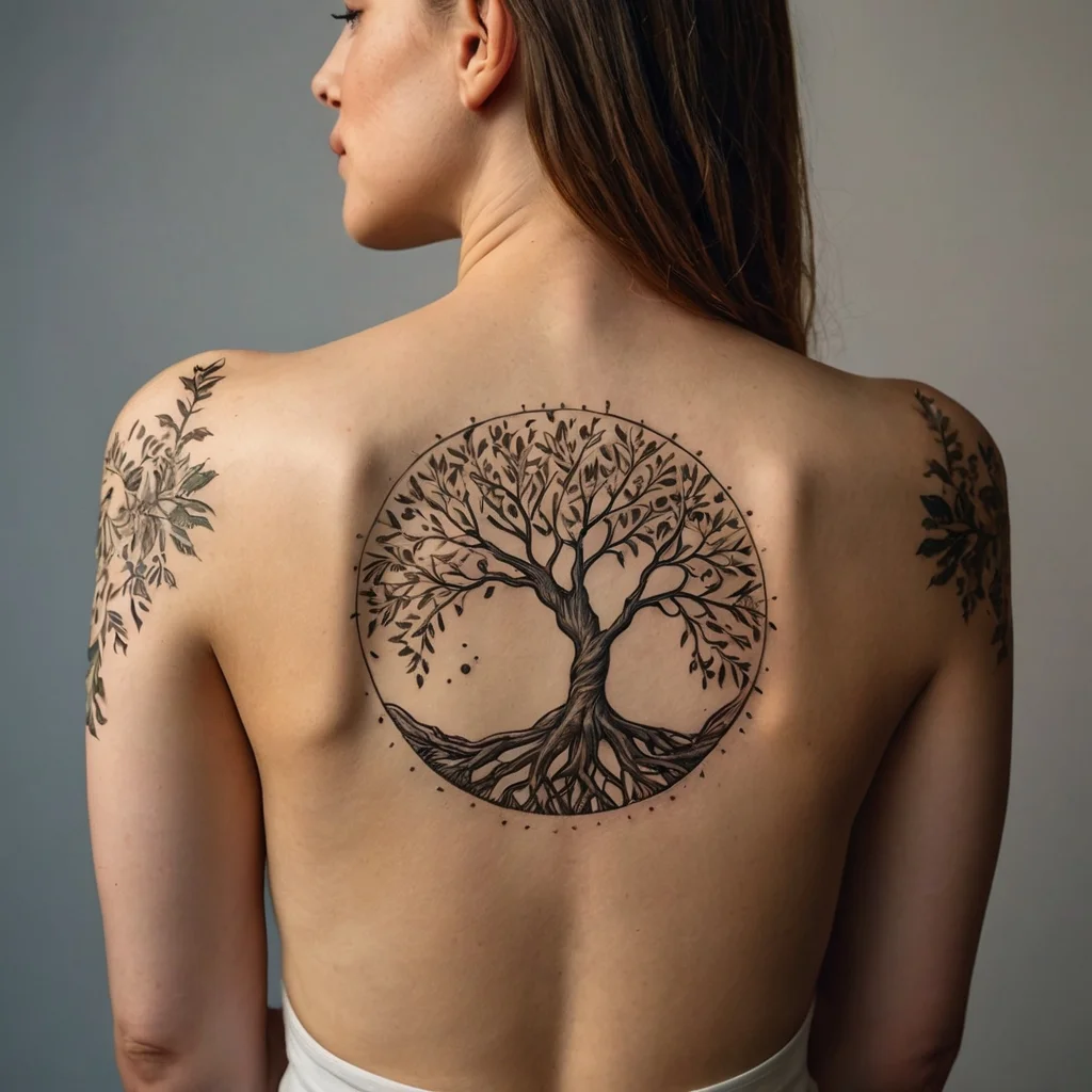 Tree of Life tattoo with intricate branches and roots in a circle on the back, complemented by leafy shoulder designs.