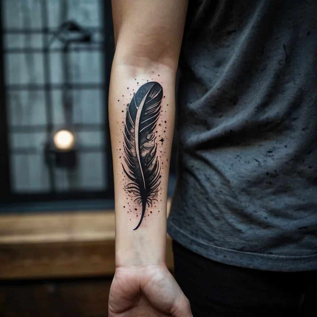 Detailed black feather tattoo with dot shading, centered on forearm, symbolizing freedom and lightness.