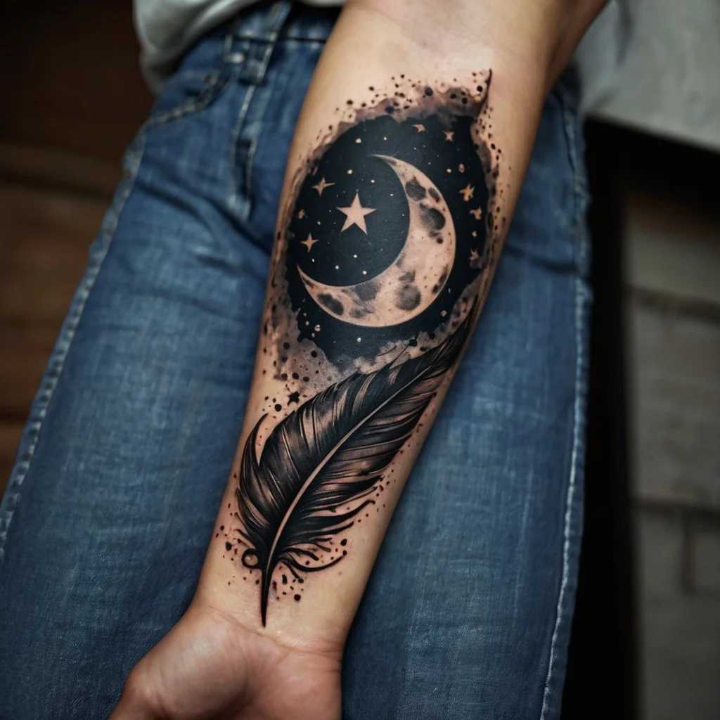 Tattoo of a detailed feather beneath a crescent moon and stars, set against a dark, cosmic background on the forearm.