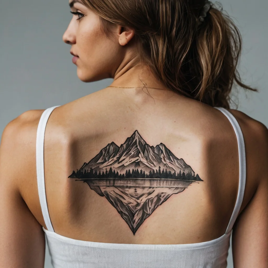 Geometric mountain tattoo with forest and lake reflection, centered on the back, blending bold lines and shading for depth.