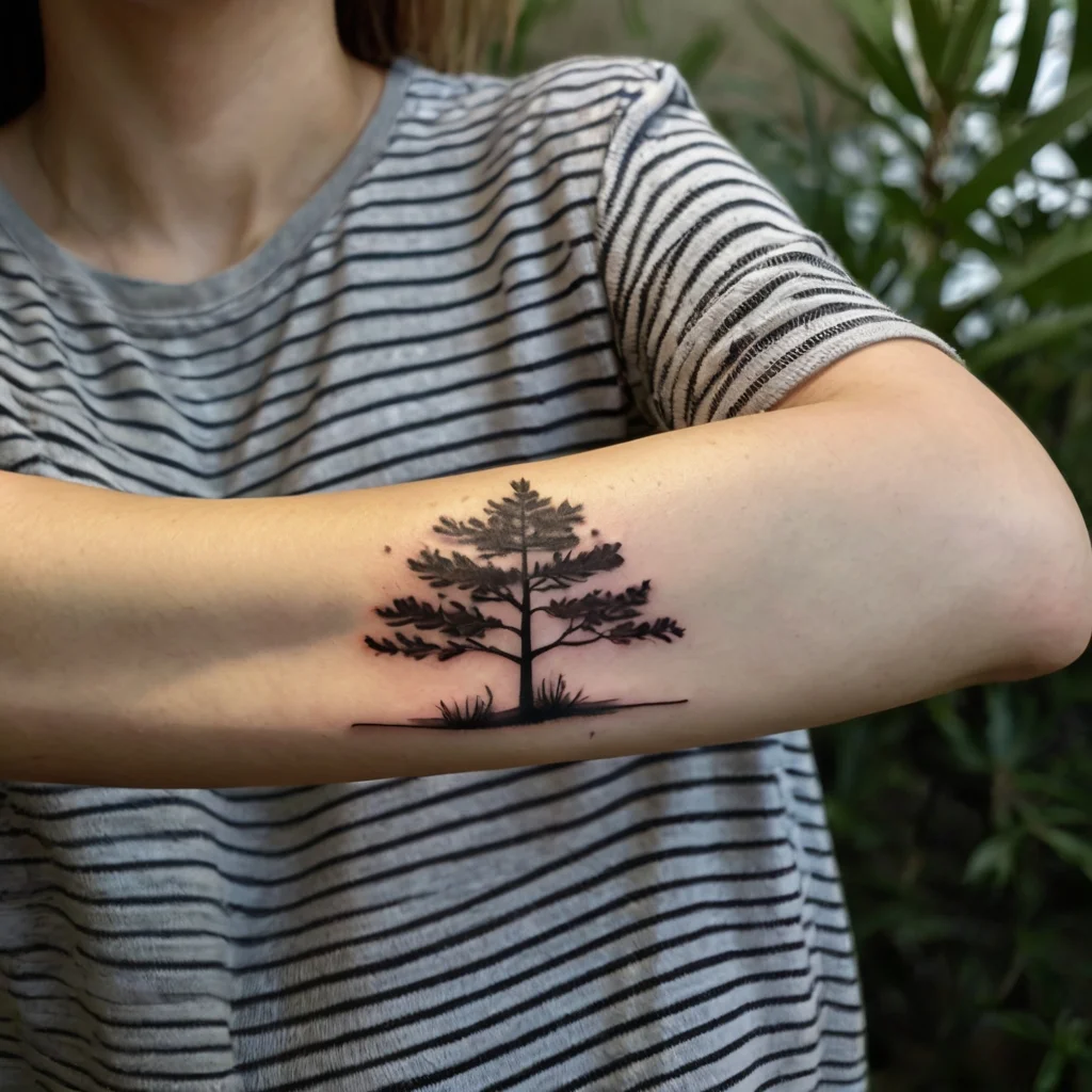 Tattoo of a black silhouette pine tree on an arm, with detailed branches and grass, symbolizing nature and growth.