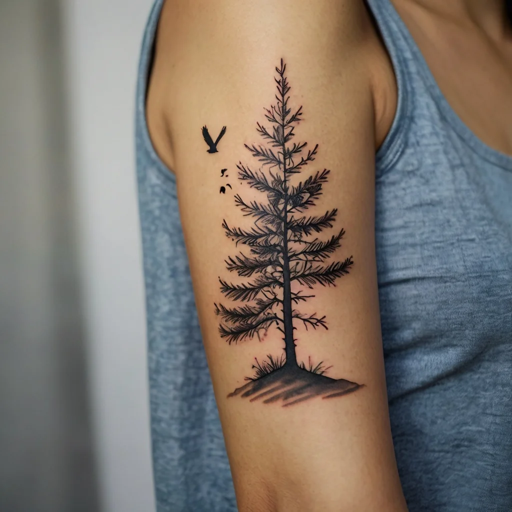 Minimalist tattoo of a pine tree with detailed branches and roots, accompanied by a small bird in flight above.