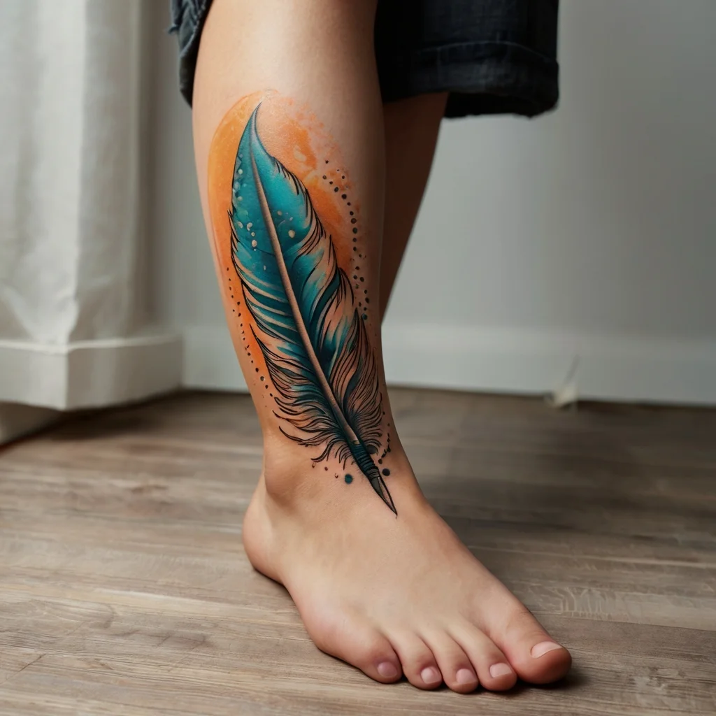 Tattoo of a vibrant teal feather with orange watercolor background, detailed with dynamic lines and dotted accents.