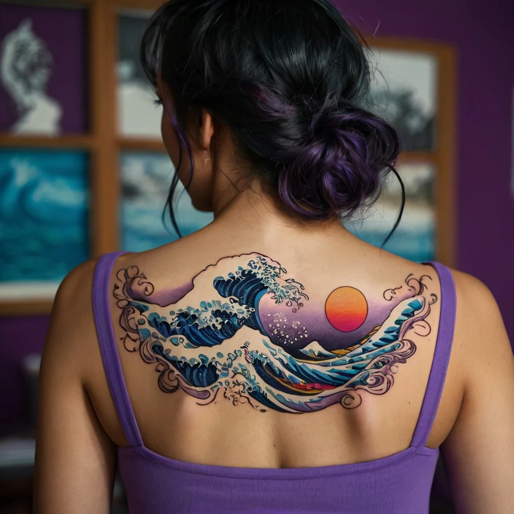 Tattoo of stylized waves and a vibrant sunset on a woman's back, featuring intricate details and a purple-red color palette.