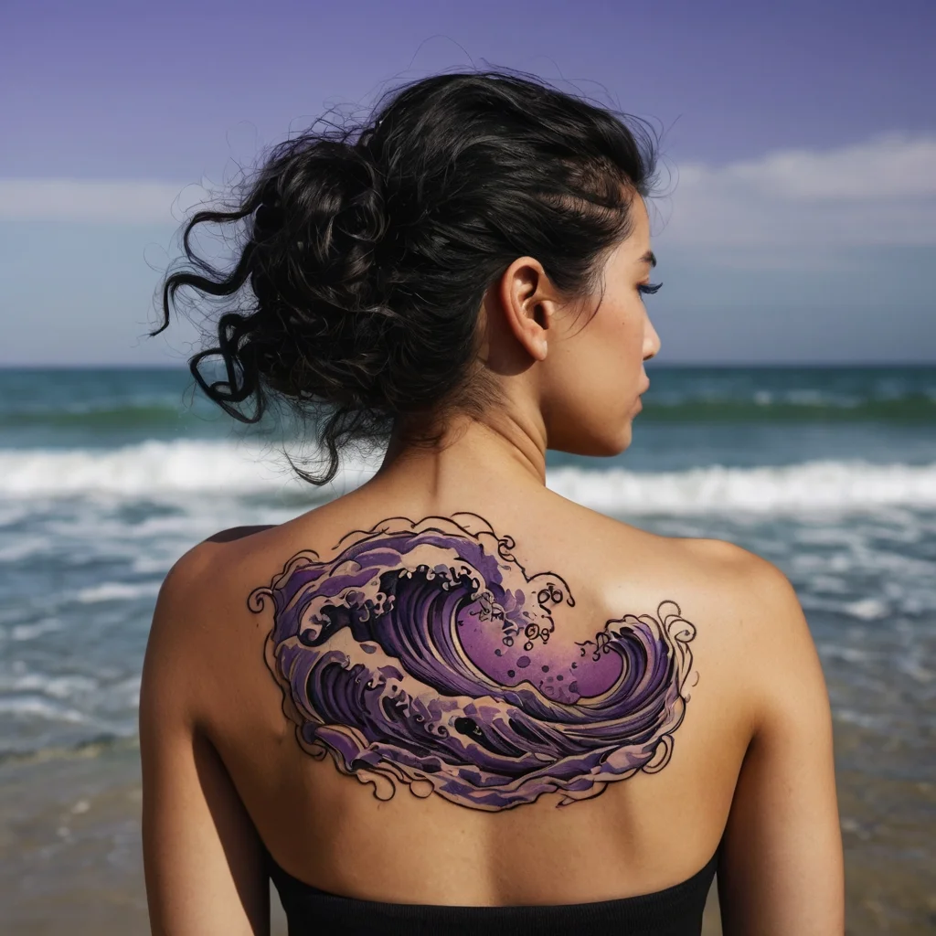 Tattoo of a stylized purple wave with intricate black outlines on the upper back, symbolizing strength and fluidity.